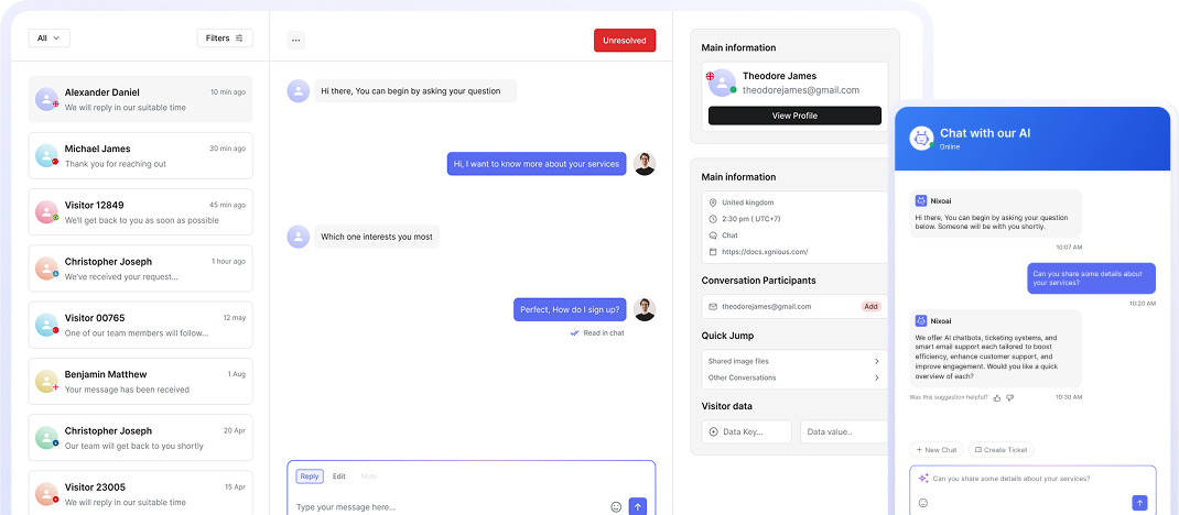 AI chatbot dashboard for businesses with live chat and customer conversations
